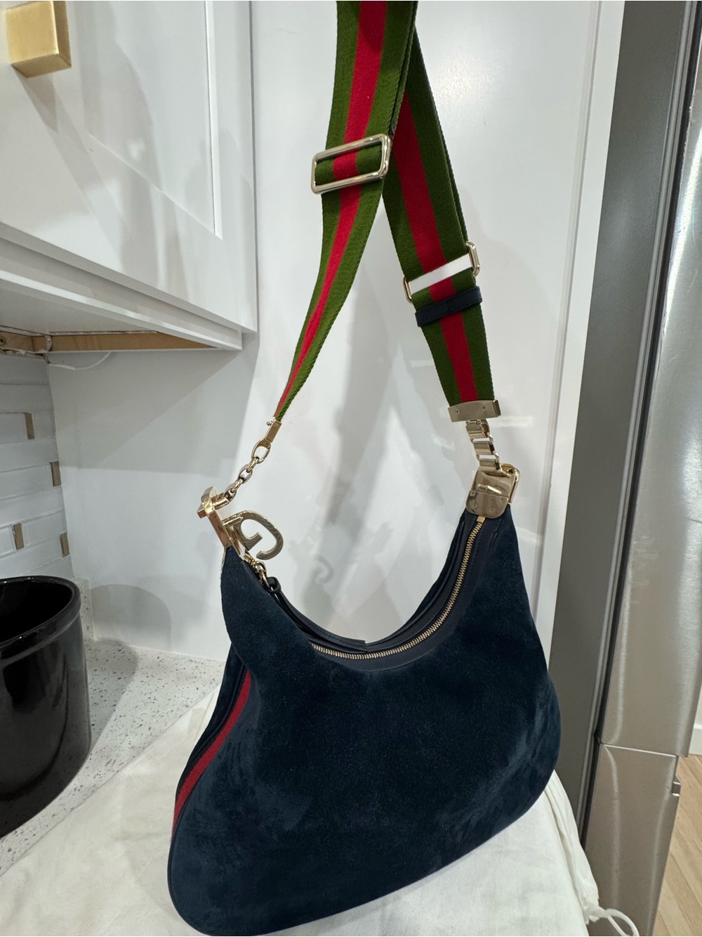 Gucci Web Attaché crossbody Suede Crescent Shoulder Bag with Green/Red Web Strap - Picture 6 of 16